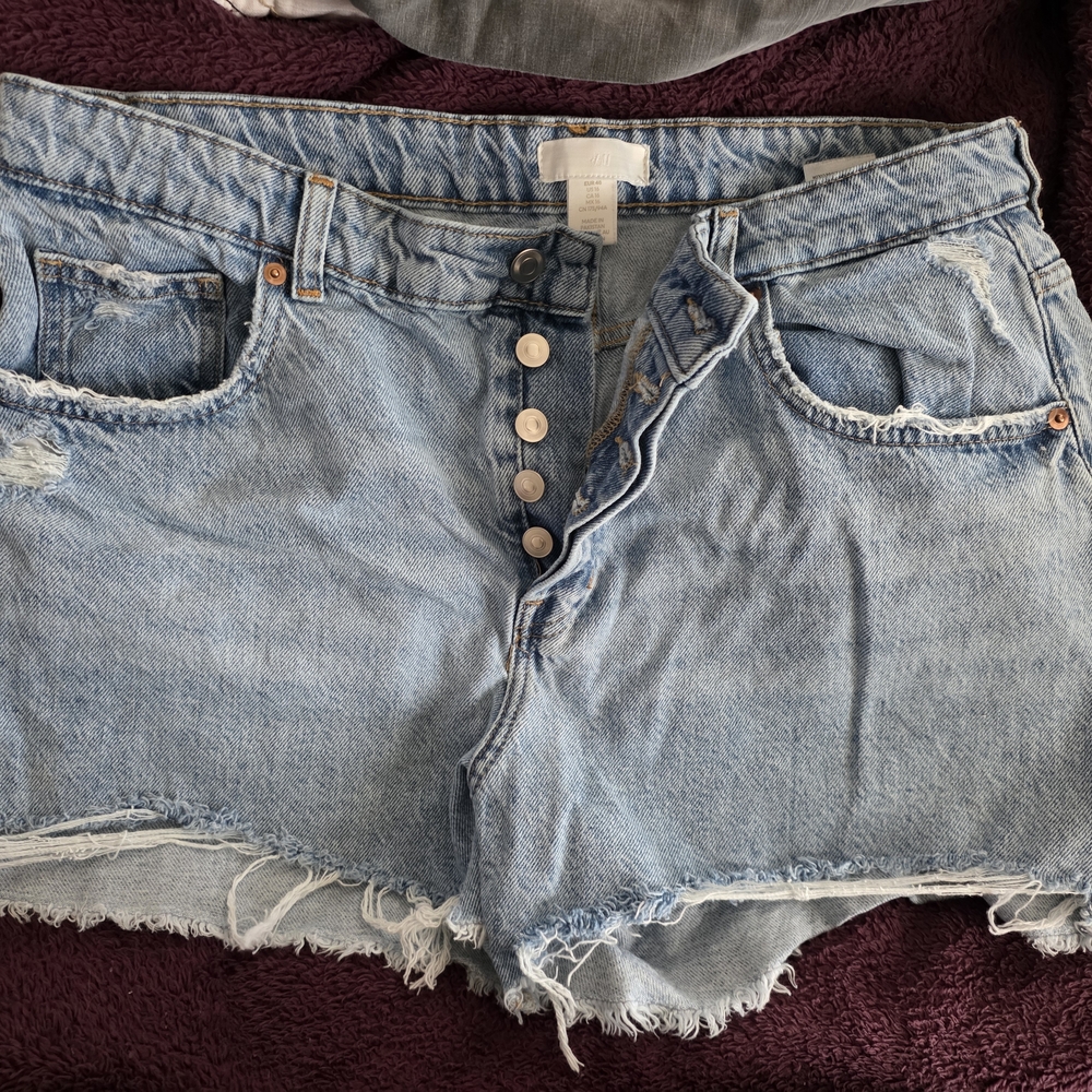 H&M Light Blue Distressed Button-Fly Denim Shorts